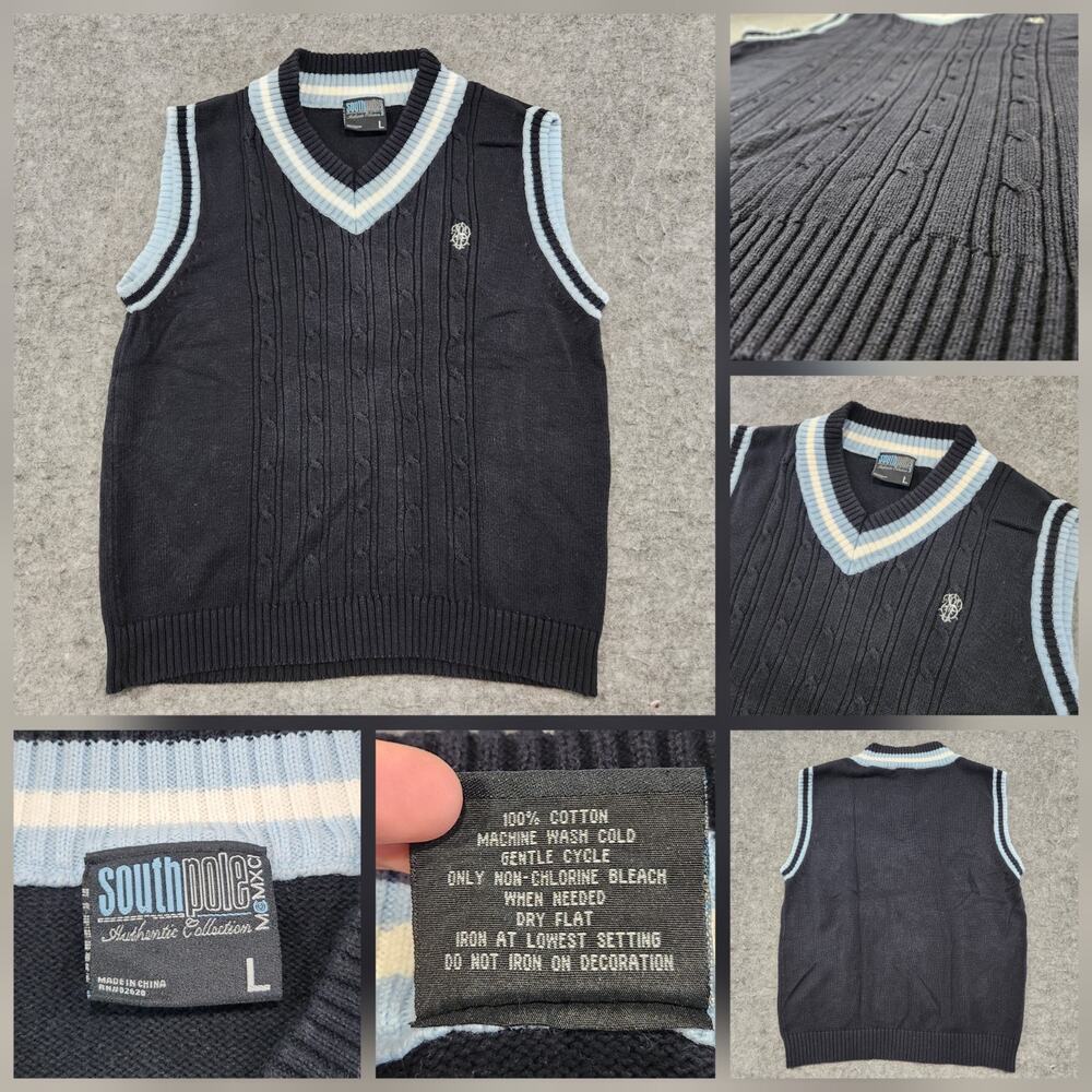 VTG Y2K SouthPole Mens L‎ Large CableKnit Varisty V Neck Sweater Vest South Pole